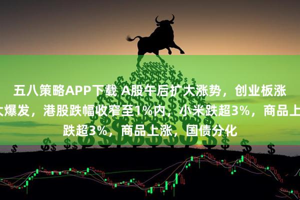五八策略APP下载 A股午后扩大涨势，创业板涨2%，创新药大爆发，港股跌幅收窄至1%内，小米跌超3%，商品上涨，国债分化